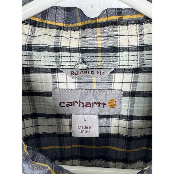 Carhartt Relaxed Fit Blue Grey Yellow Plaid Short Sleeve Button Shirt Men's L - Picture 8 of 16